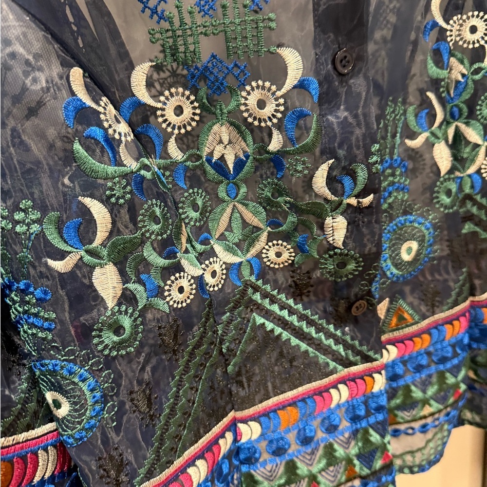 Gracia Navy Sheer Embroidered Blouse - Picture 2 of 4